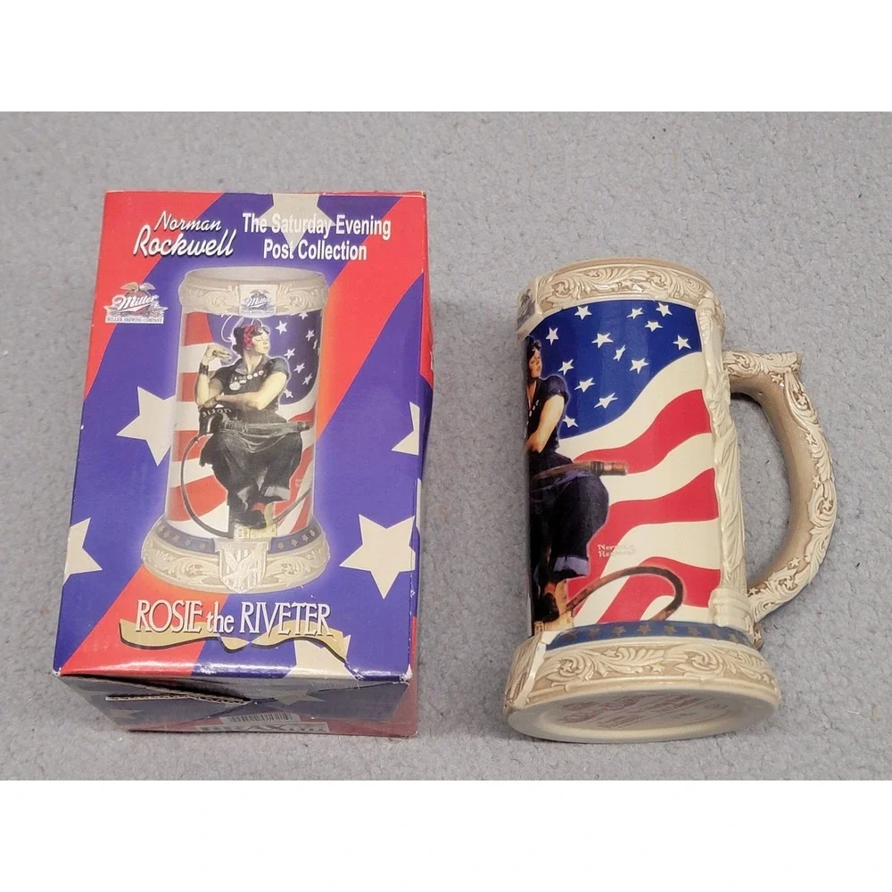 Vintage Miller Norman Rockwell Rosie The Riveter Beer‎ Stein Box COA Patriotic